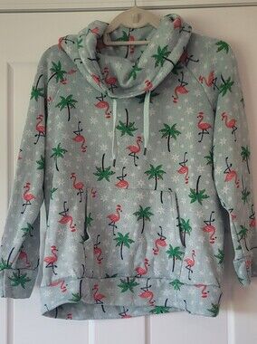 Cozy Cowl Neck Sweatshirt with Flamingo Print - Light Mint